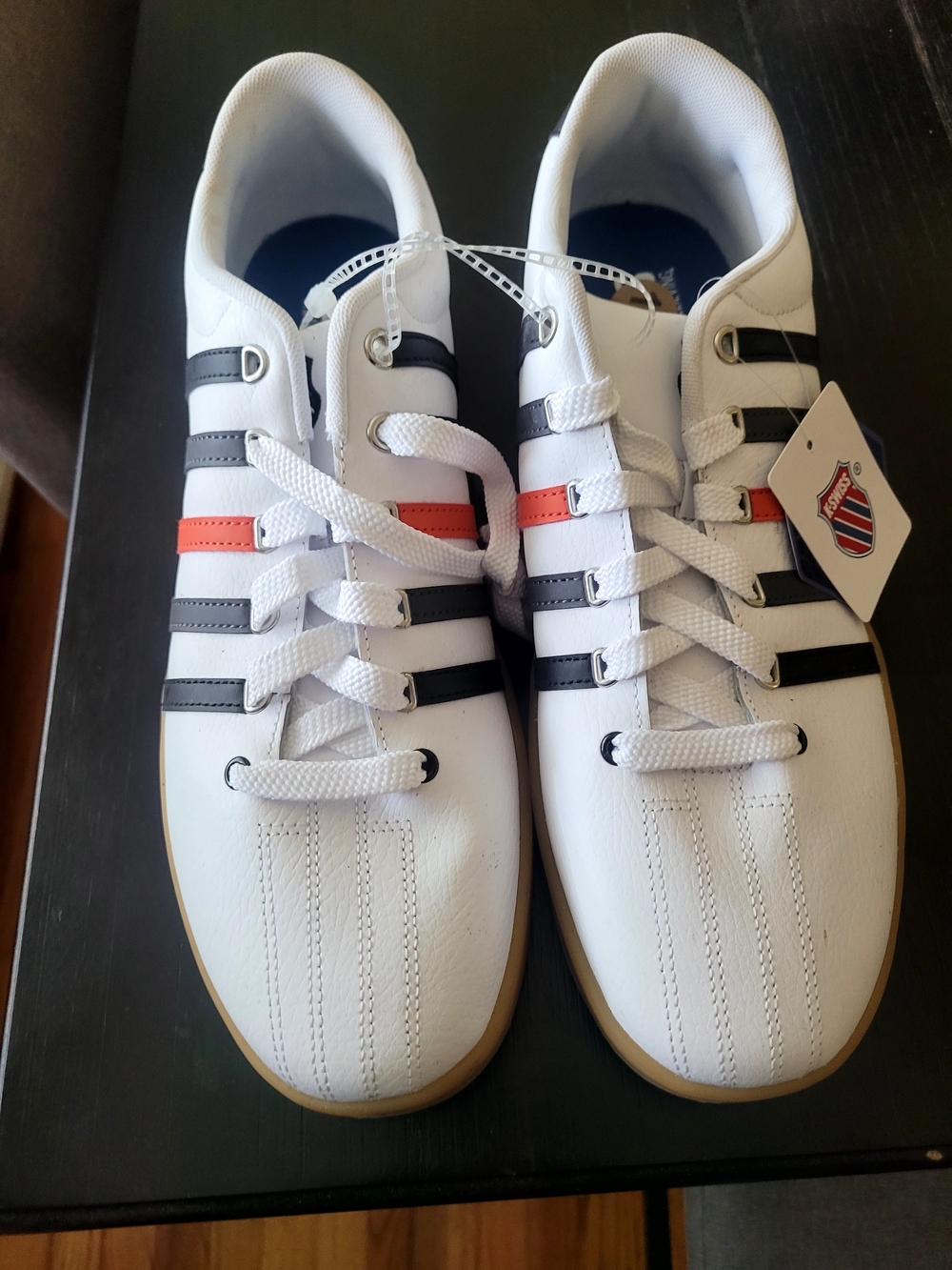 K-Swiss White Sneakers with Black & Orange Accent Stripes